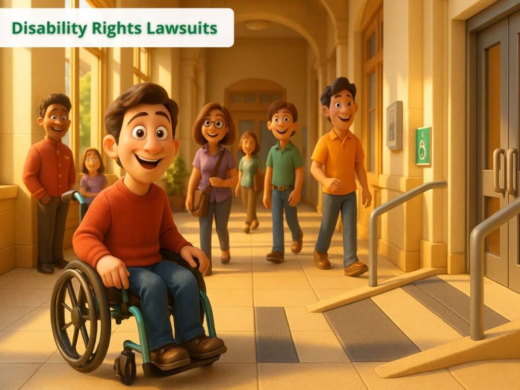 Person in a wheelchair smiling as they enter a building with an accessibility ramp, symbolizing disability rights lawsuits.