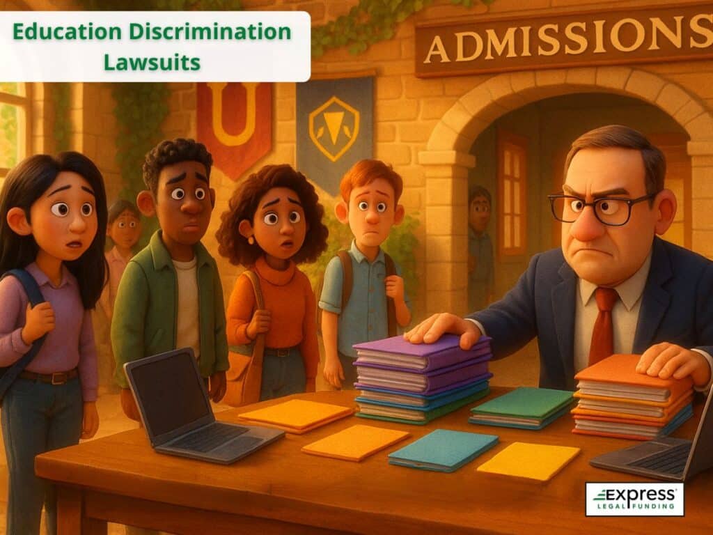 Diverse group of students standing in front of a university admissions office, facing an intimidating official, symbolizing education discrimination lawsuits.