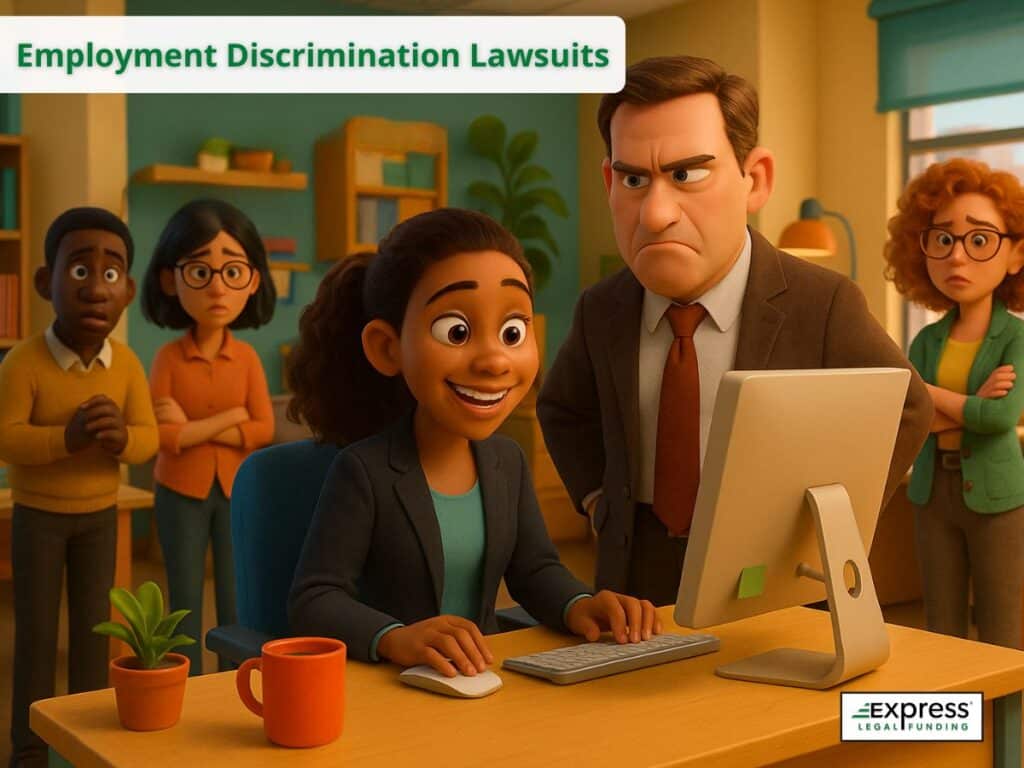 Employee smiling at a computer while a supervisor looks on disapprovingly, highlighting workplace discrimination issues.