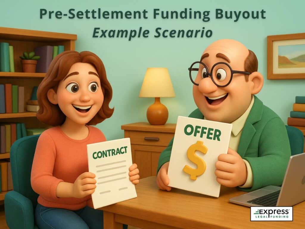 Illustration of a smiling plaintiff holding a contract while a legal funding representative presents an offer with a dollar sign, showing how a pre-settlement funding buyout works.