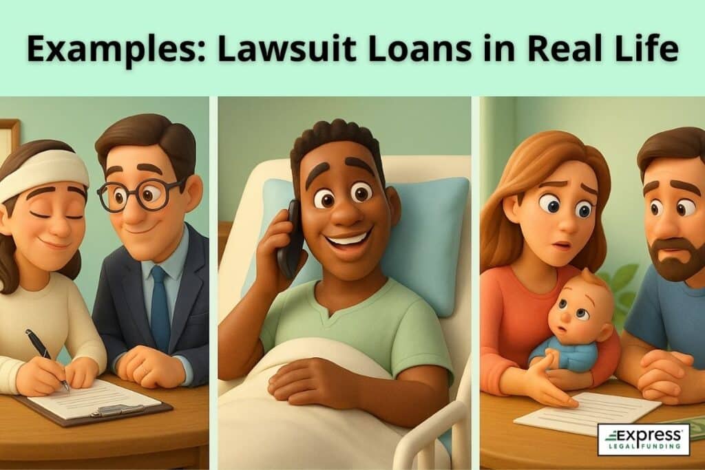 Examples of lawsuit loans in real life — injured plaintiff signing funding paperwork, man in hospital bed receiving funding call, and concerned family with attorney discussing pre-settlement advance options.