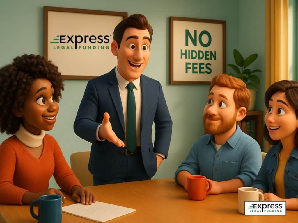 Attorney at Express Legal Funding explains lawsuit loans to clients in office setting with a visible 'No Hidden Fees' sign, highlighting transparent and affordable pre-settlement funding.