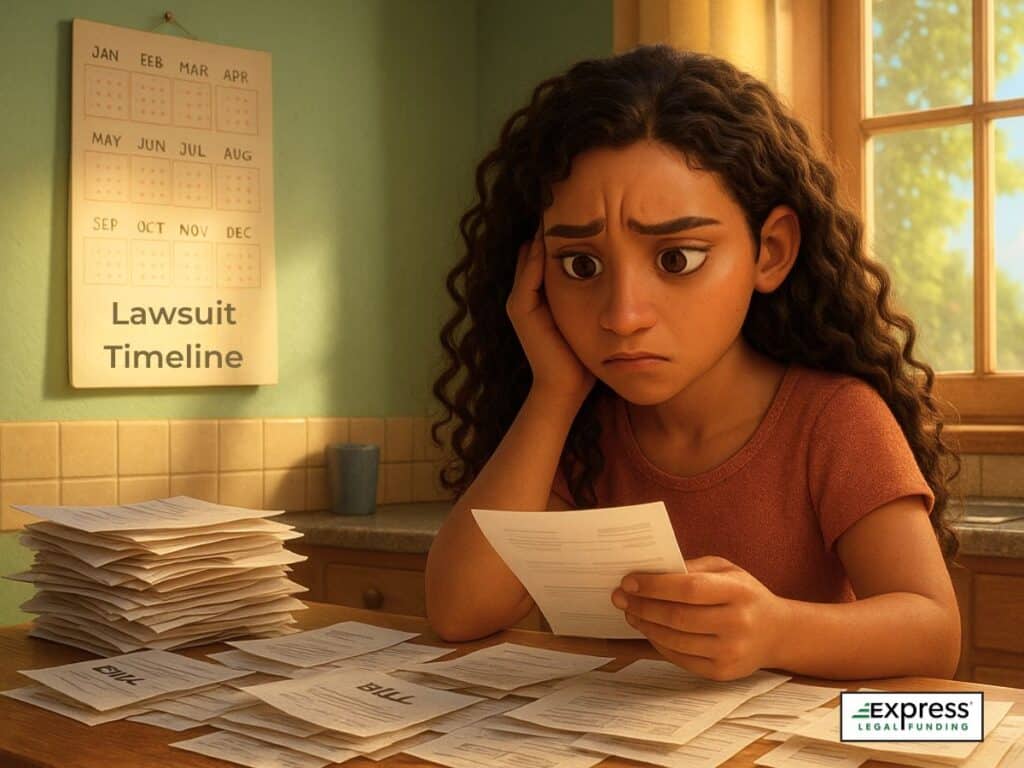 Woman stressed over unpaid bills during a lawsuit timeline, illustrating financial strain and the need for a lawsuit loan.