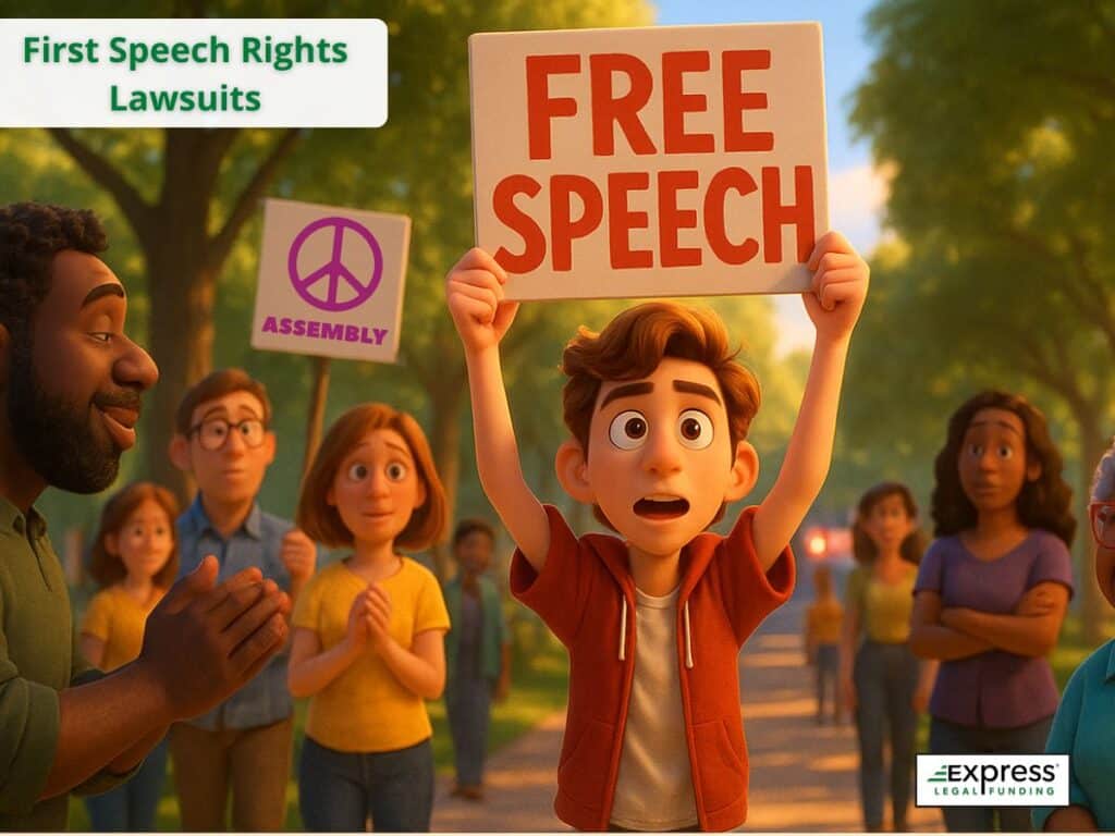 Young protester holding a “Free Speech” sign during a rally with supporters nearby, representing free speech rights lawsuits.