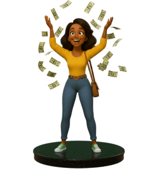 Happy woman celebrating with pre-settlement funding cash from Express Legal Funding.
