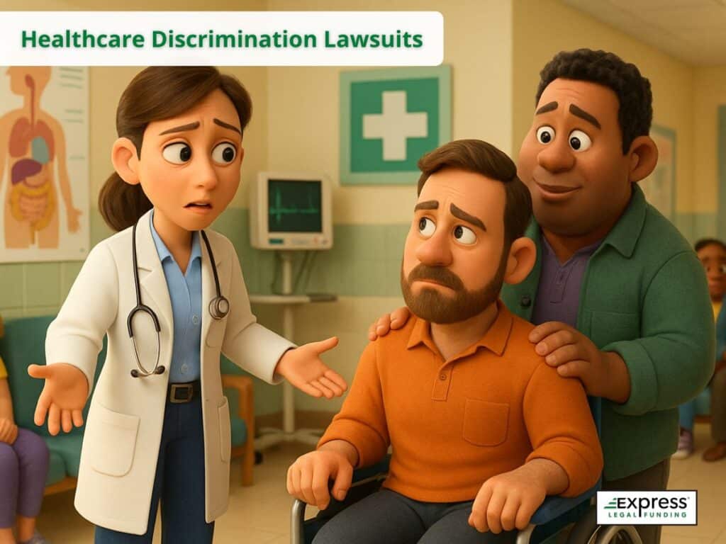 Doctor speaking with concern to a patient in wheelchair and their same-sex caregiver, symbolizing healthcare discrimination lawsuits.