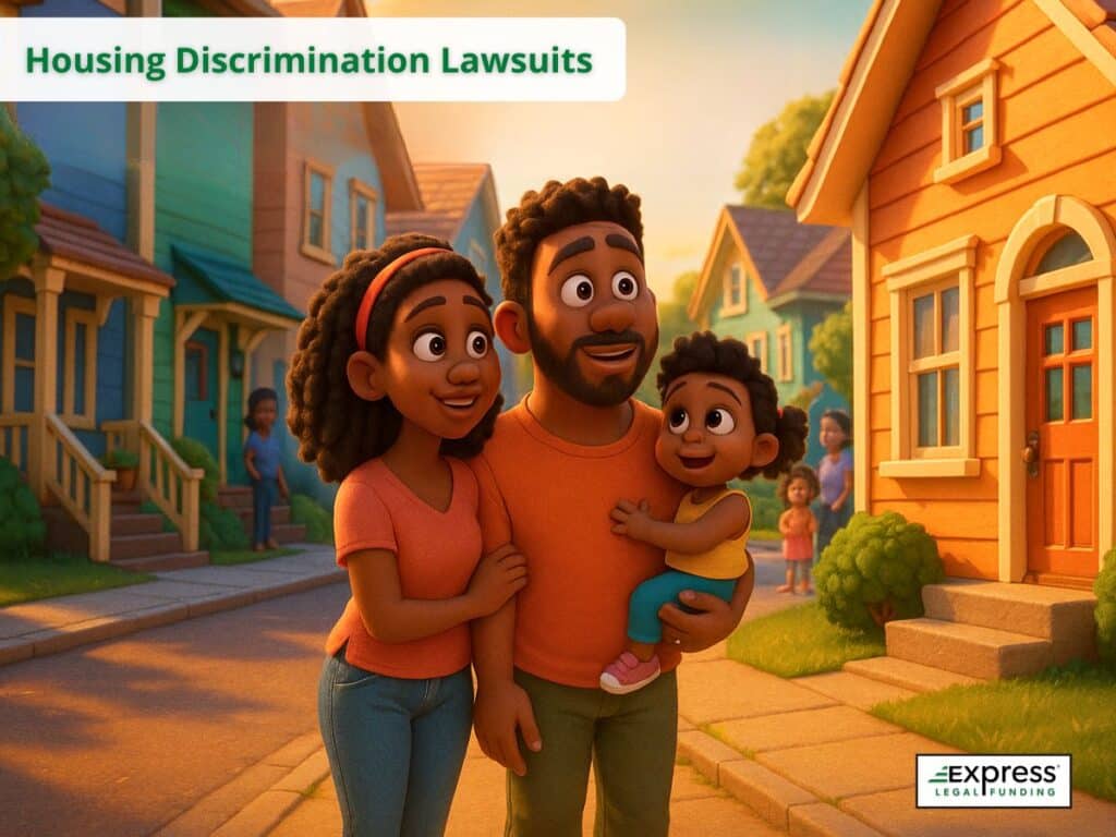 Happy family standing outside their home in a neighborhood, symbolizing protection from housing discrimination.