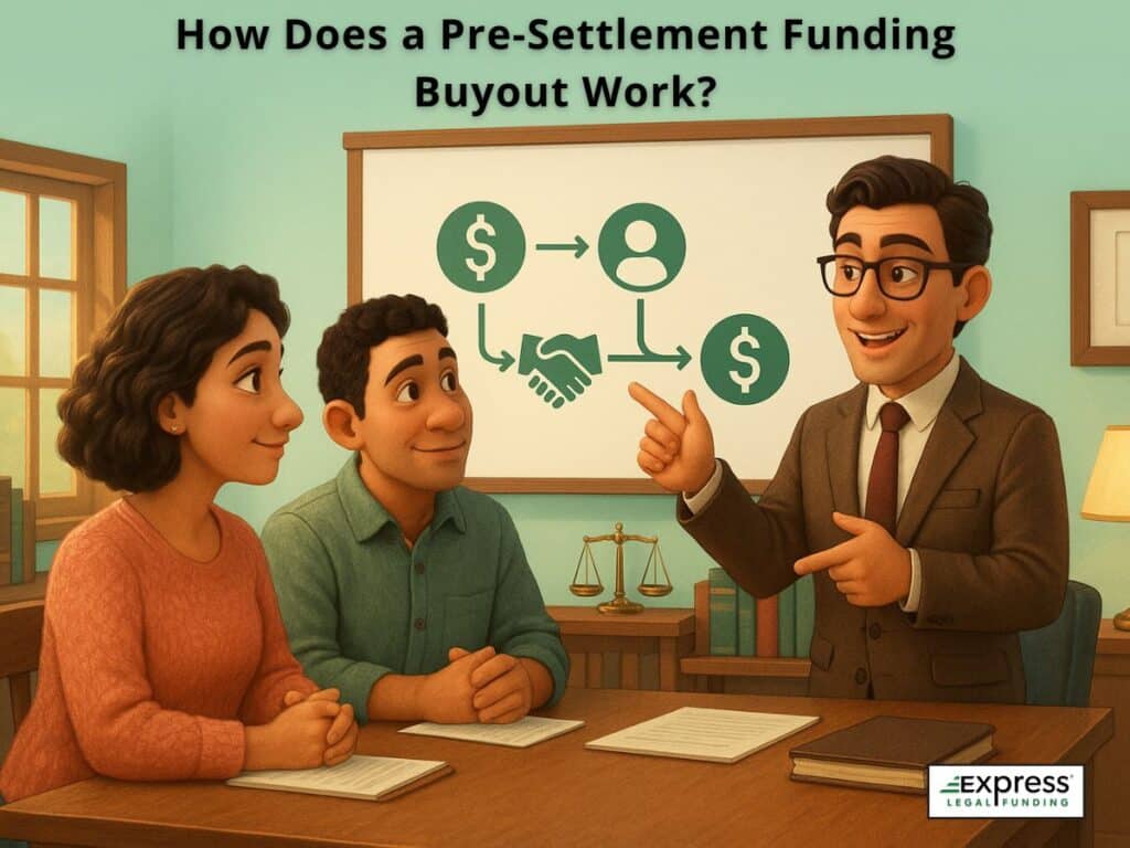 A lawyer explaining the pre-settlement funding buyout process to two clients, with dollar icons, handshake, and funding arrows on a presentation board.