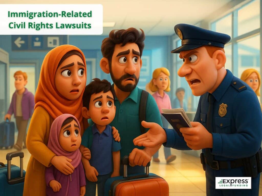 Immigration officer confronting a family with passports at airport, symbolizing immigration civil rights lawsuits.
