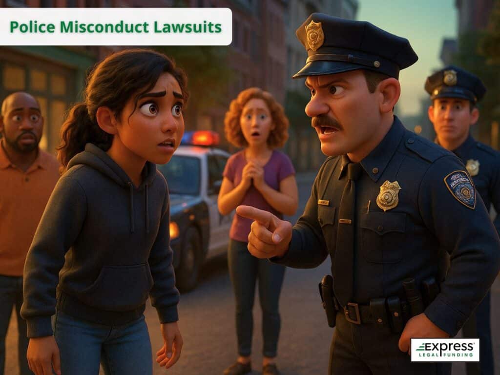 Police officer aggressively confronting a young woman on the street, symbolizing police misconduct lawsuits.