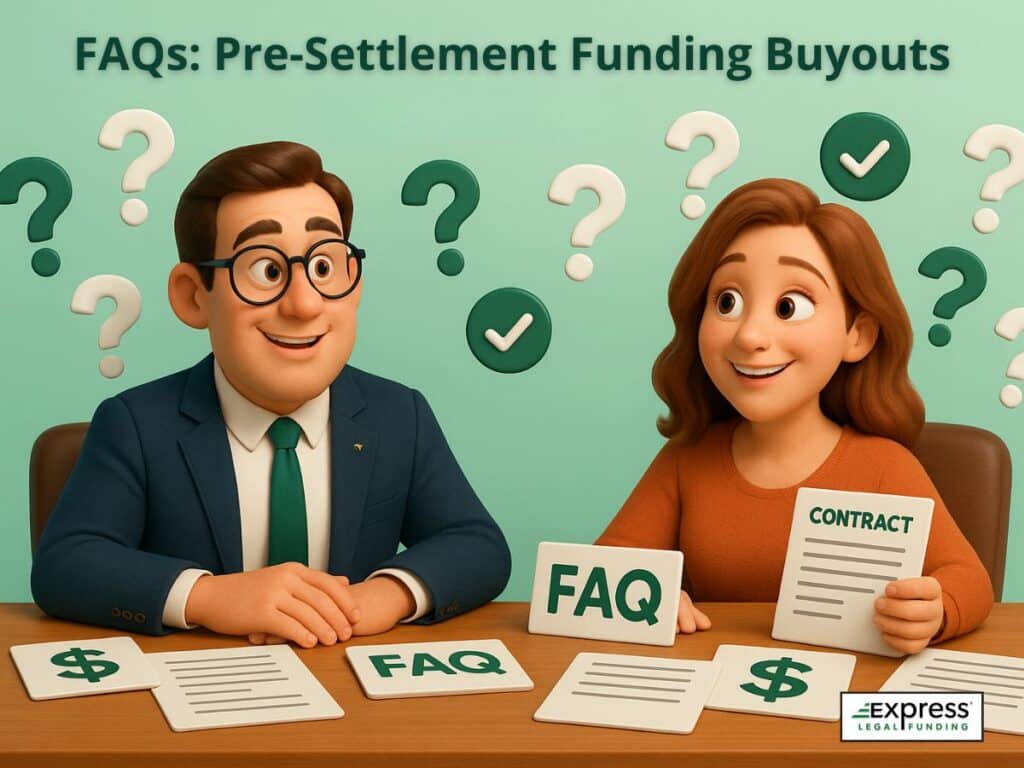 Illustration of a smiling man in a suit and a woman holding a contract, surrounded by floating FAQ cards, dollar signs, and question marks. Represents frequently asked questions about pre-settlement funding buyouts.