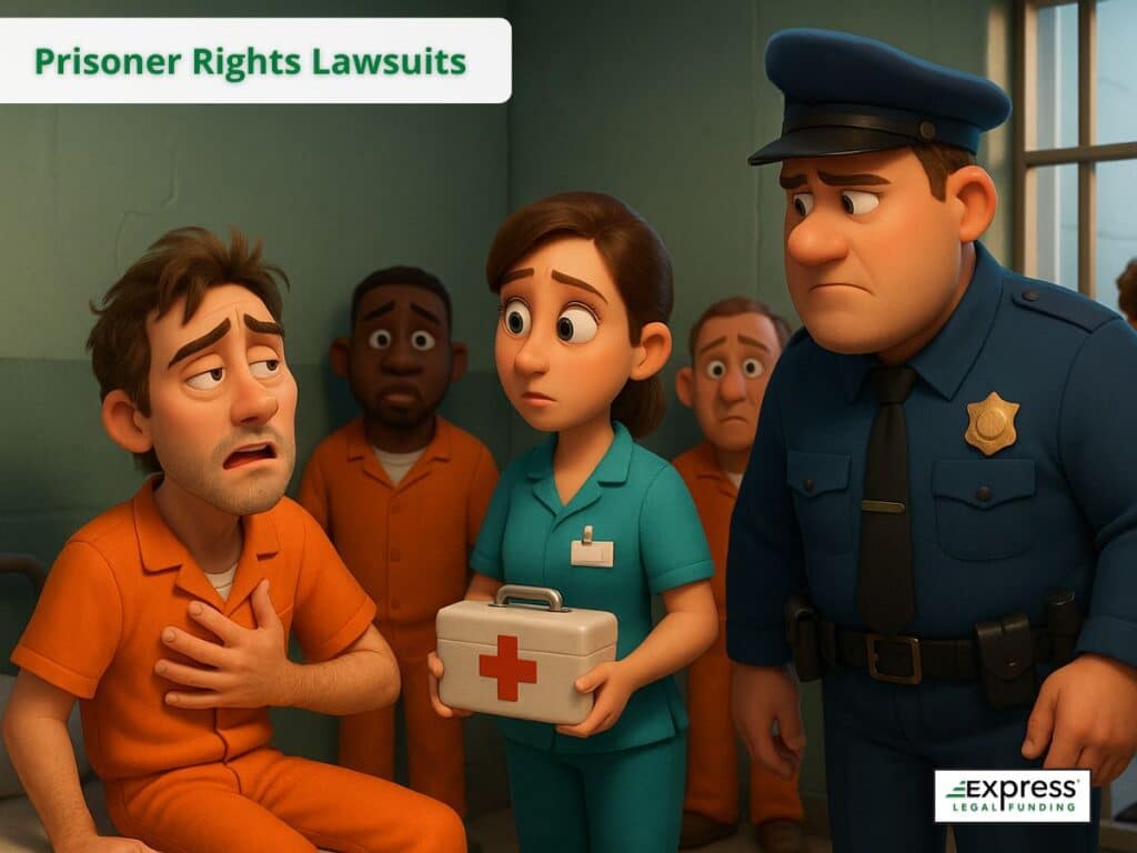 Prisoner in orange jumpsuit receiving medical attention from nurse while guard watches, symbolizing prisoner rights lawsuits.