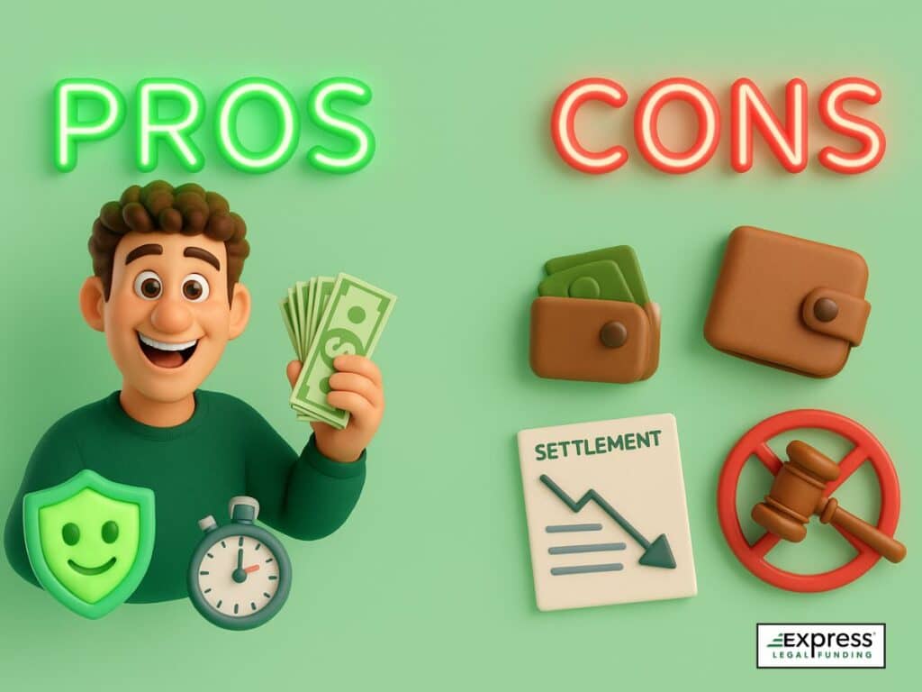 Pros and cons of lawsuit loans shown with smiling plaintiff, cash, shield, clock, wallet, settlement chart, and gavel icons.