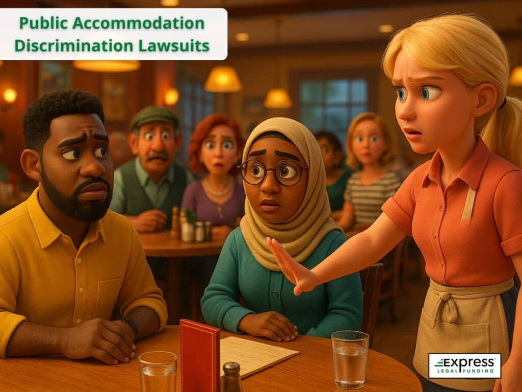 Waitress refusing service to diverse customers in a restaurant, symbolizing public accommodation discrimination lawsuits.