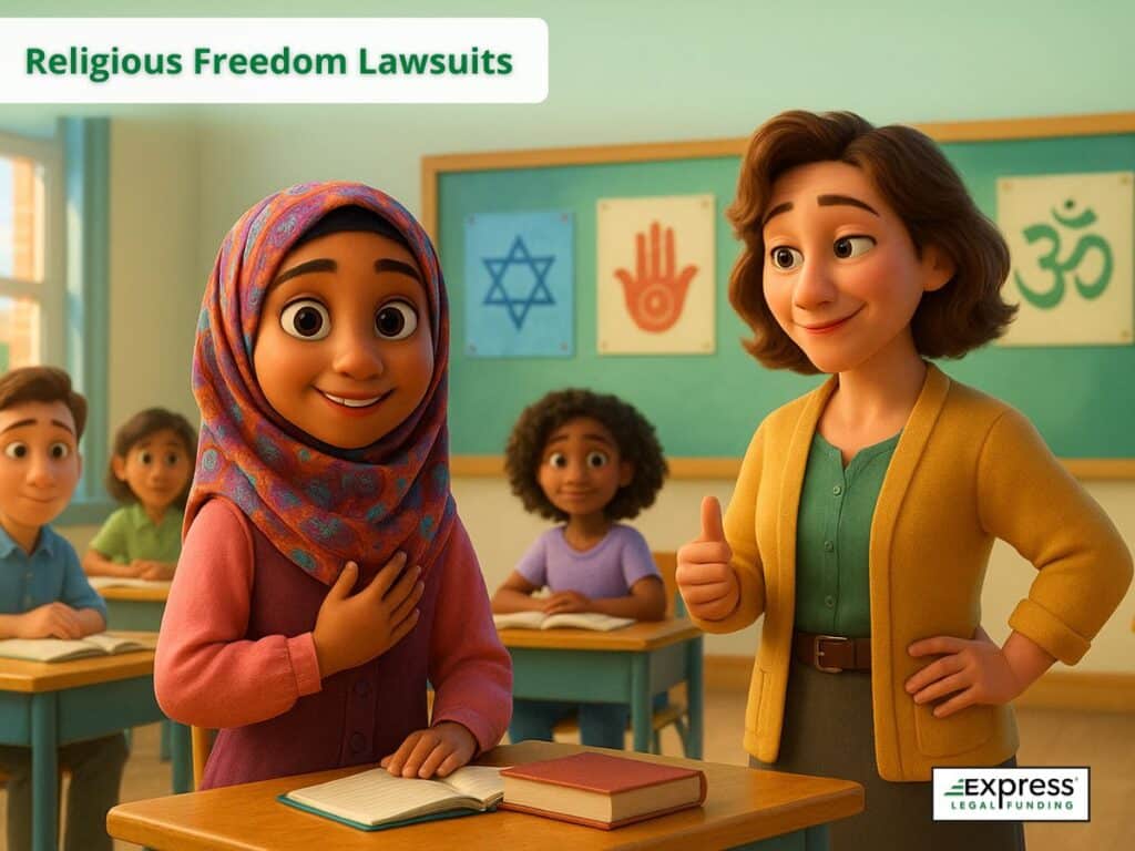 Student in hijab smiling in classroom with diverse religious symbols on wall, symbolizing religious freedom lawsuits