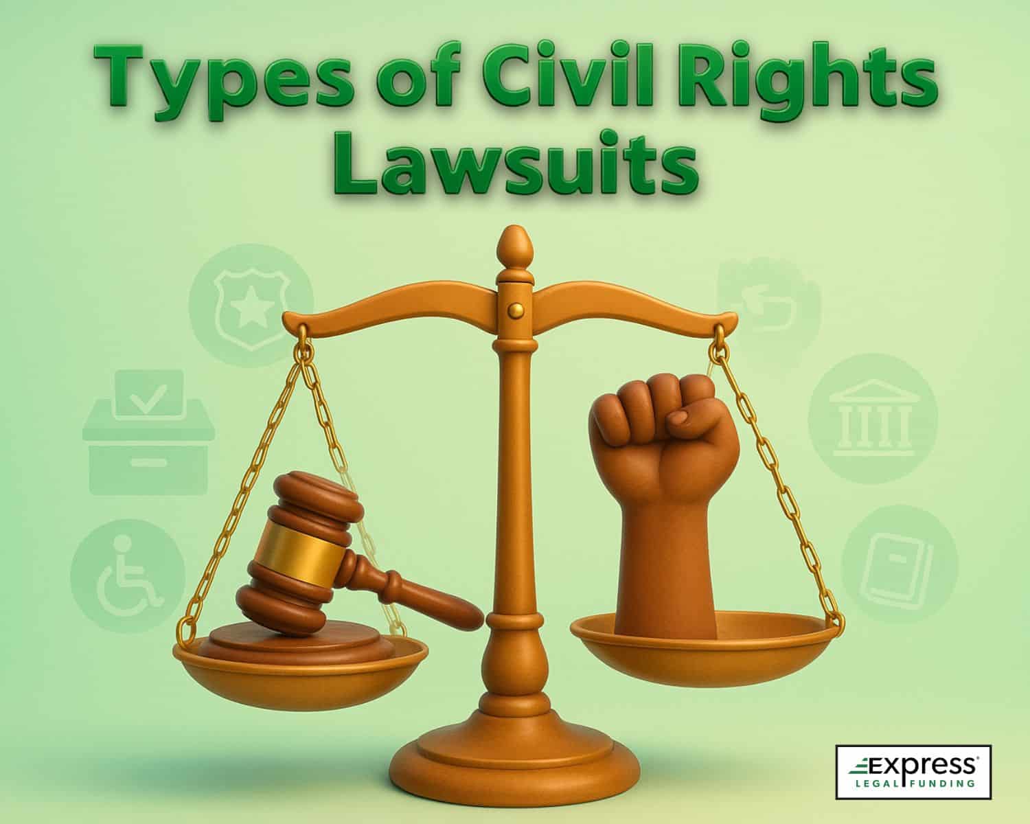 Types of civil rights lawsuits featuring scales of justice with gavel and raised fist.