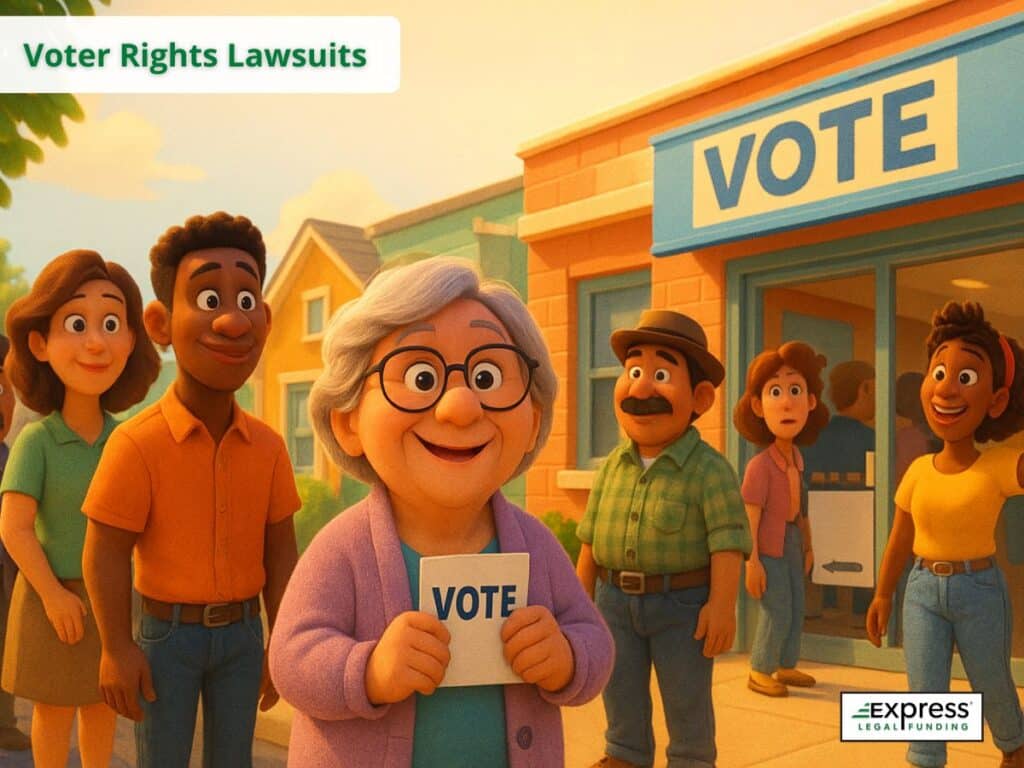 Voters smiling outside polling place with elderly woman holding ballot, symbolizing voter rights lawsuits.