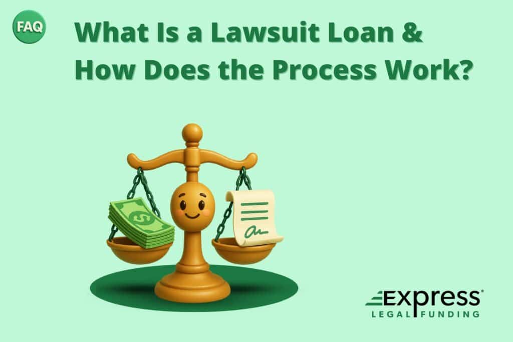 Scales of justice holding cash and legal documents, symbolizing a lawsuit loan. Text reads “What is a Lawsuit Loan & How Does the Process Work?”.