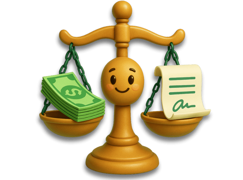 What Is a Lawsuit Loan and How Does It Work icon, 3D scales of justice holding cash advance and legal documents.