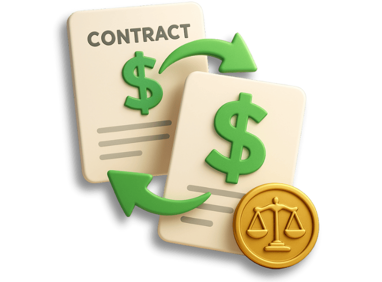3D icon representing a pre-settlement funding buyout with two contracts and green arrows showing refinancing, featuring dollar signs and a gold scales of justice emblem.