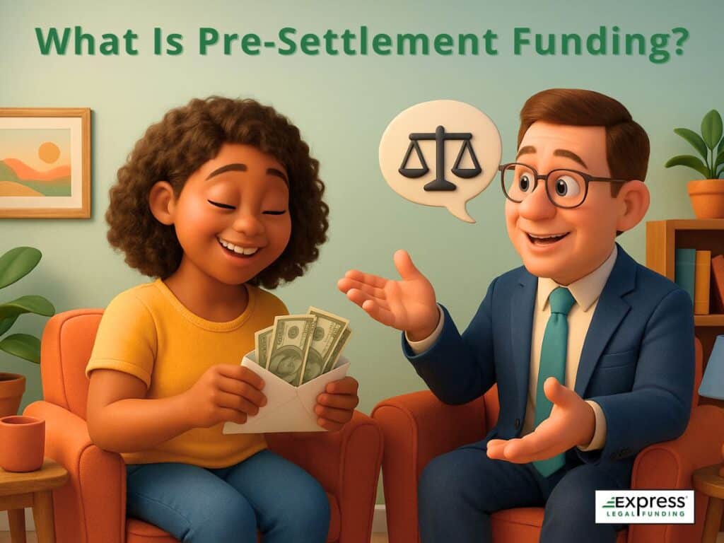 Lawyer explaining pre-settlement funding to a smiling client receiving a lawsuit cash advance.