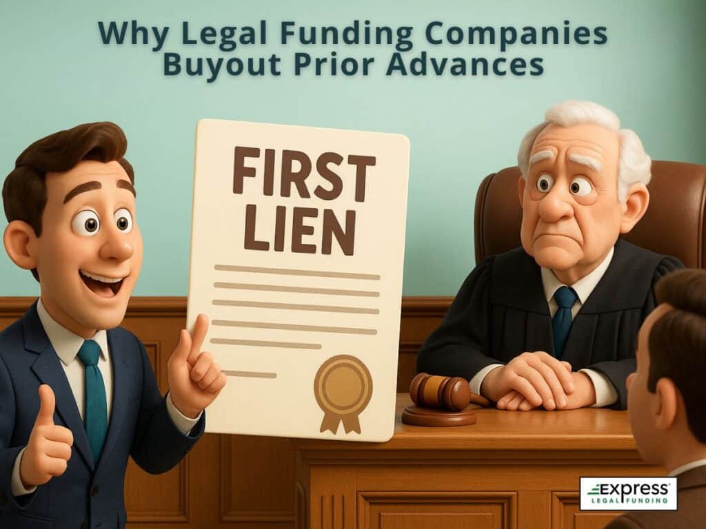 Courtroom scene with a lawyer holding a “First Lien” contract in front of a judge, explaining lien priority in pre-settlement funding buyouts.