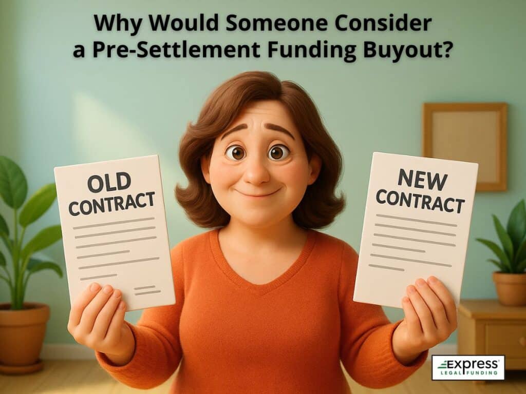 A woman smiling and holding two contracts labeled “Old Contract” and “New Contract,” showing the benefits of replacing costly lawsuit loans with a buyout.