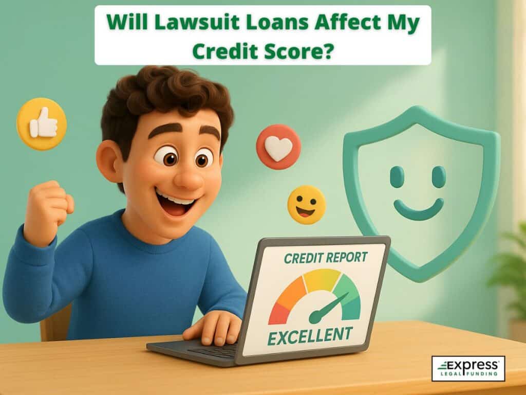 Happy man reviewing excellent credit score with shield and icons showing lawsuit loans don’t affect credit.