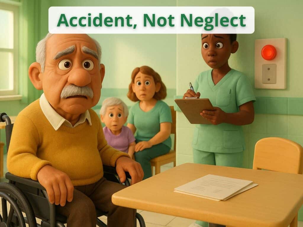 Elderly man in wheelchair with nurse and family during nursing home meeting labeled “Accident, Not Neglect,” illustrating a common defense tactic in abuse lawsuits.