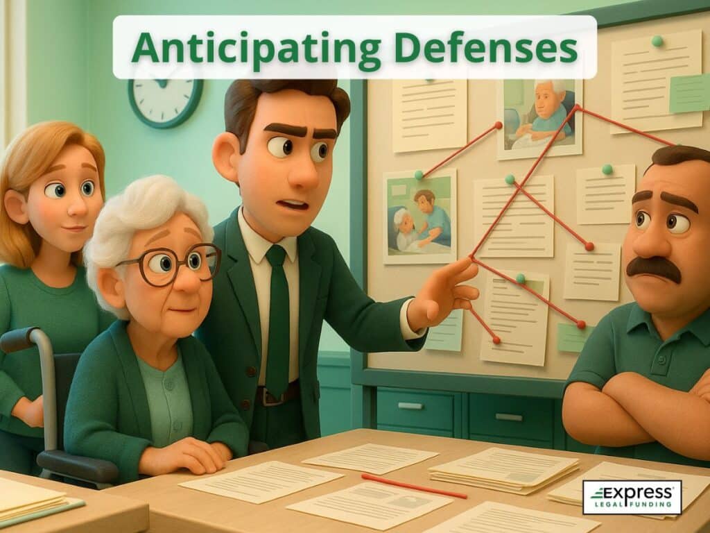 Legal team reviewing evidence board under the phrase “Anticipating Defenses,” showing lawyers preparing for common nursing home lawsuit defense tactics.