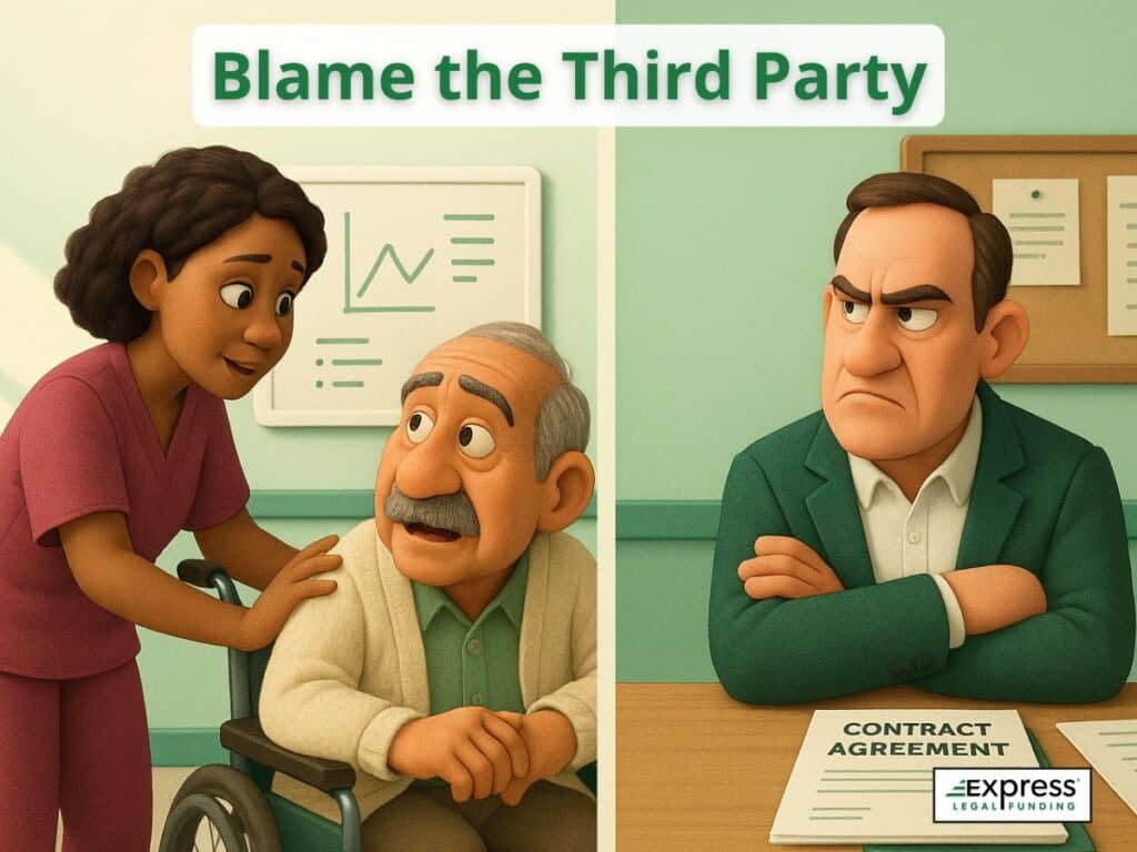 Lawyer blaming another caregiver while nurse assists an elderly man, symbolizing the “blame the third party” defense in nursing home cases.