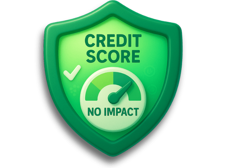A 3D green shield displaying a credit score gauge labeled “No Impact” representing that pre-settlement funding does not affect credit scores or credit reports.