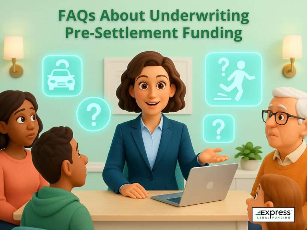 Suscriptor respondiendo a preguntas de clientes sobre la suscripción de financiación previa a la liquidación rodeado de iconos luminosos de preguntas sobre el tipo de caso.