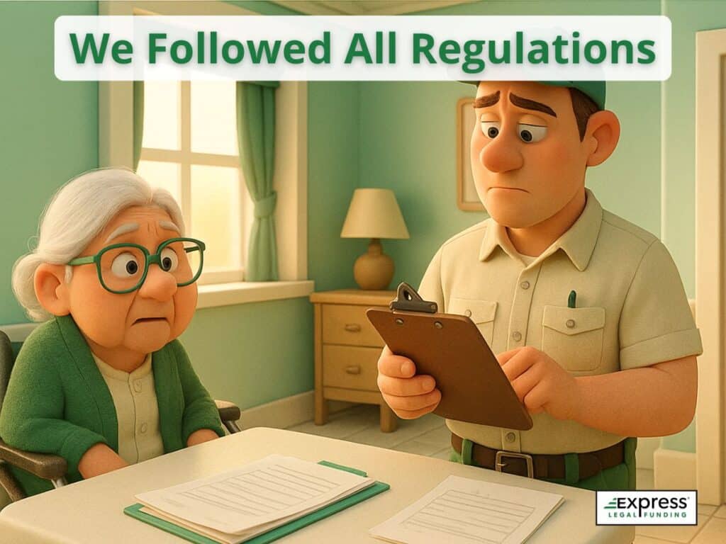 Concerned elderly woman and staff member reviewing compliance documents under phrase “We Followed All Regulations,” highlighting a frequent defense in neglect cases.