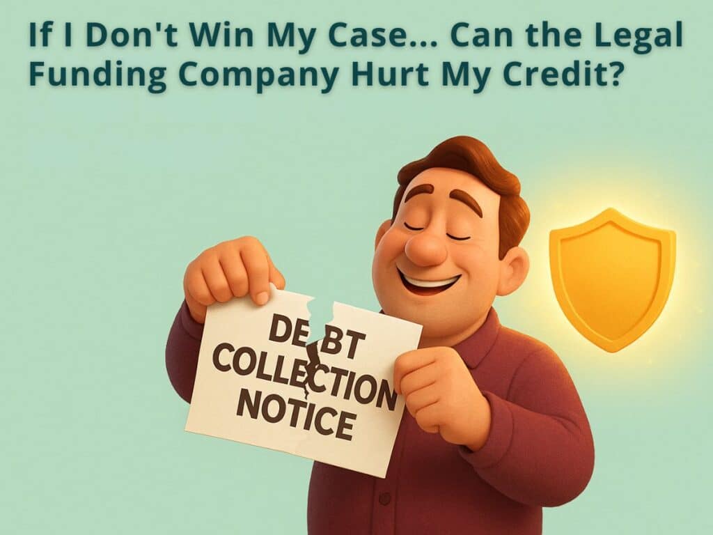 A smiling man tears up a debt collection notice with a glowing shield behind him, symbolizing financial protection. Concept showing that losing a case doesn’t hurt your credit with pre-settlement funding.
