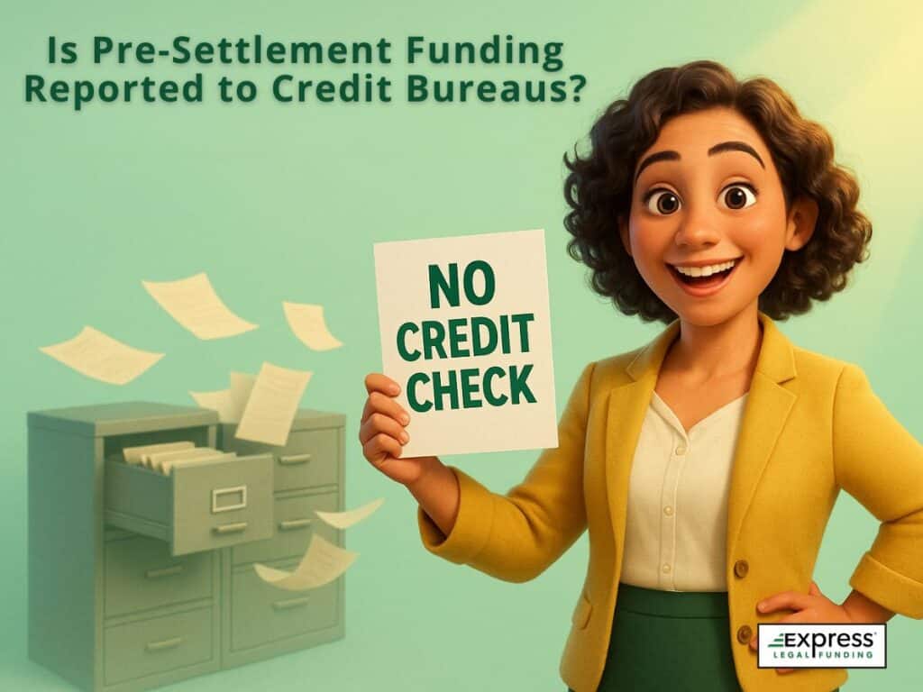 A cheerful woman holds a sign reading “No Credit Check” beside flying documents from a filing cabinet. Illustrates that pre-settlement funding is not reported to credit bureaus like Experian or Equifax.