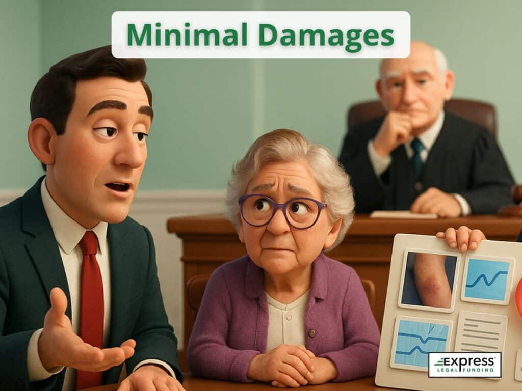 Attorney explaining minimal injury evidence to elderly woman in courtroom labeled “Minimal Damages,” illustrating defense claims to reduce nursing home liability.
