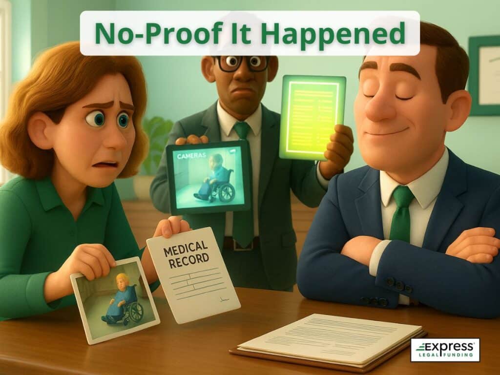 Lawyer dismissing evidence as others present medical records and photos under text “No Proof It Happened,” showing a denial tactic used in nursing home abuse defenses.
