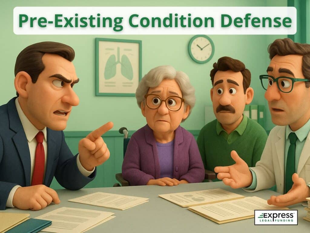 Lawyer and doctor arguing over elderly woman’s condition under phrase “Pre-Existing Condition Defense,” representing how facilities deny fault by citing prior illnesses.