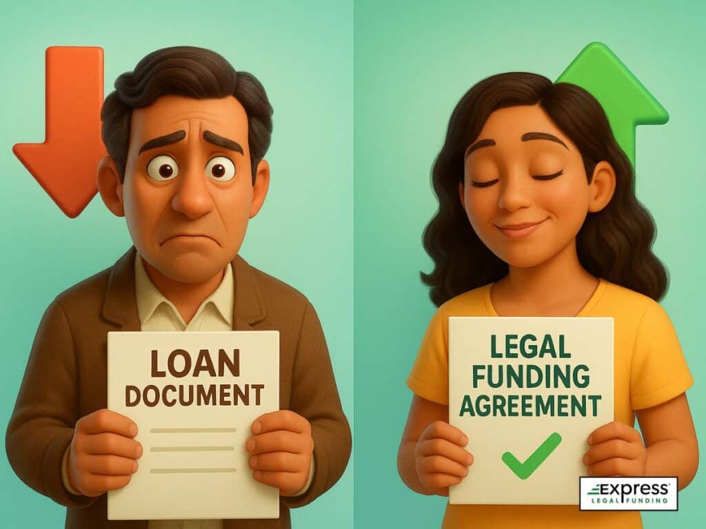 Split image of two people — one worried holding a “Loan Document” with a red down arrow, and one relieved holding a “Legal Funding Agreement” with a green up arrow. Highlights the difference between traditional loans and pre-settlement funding on credit.