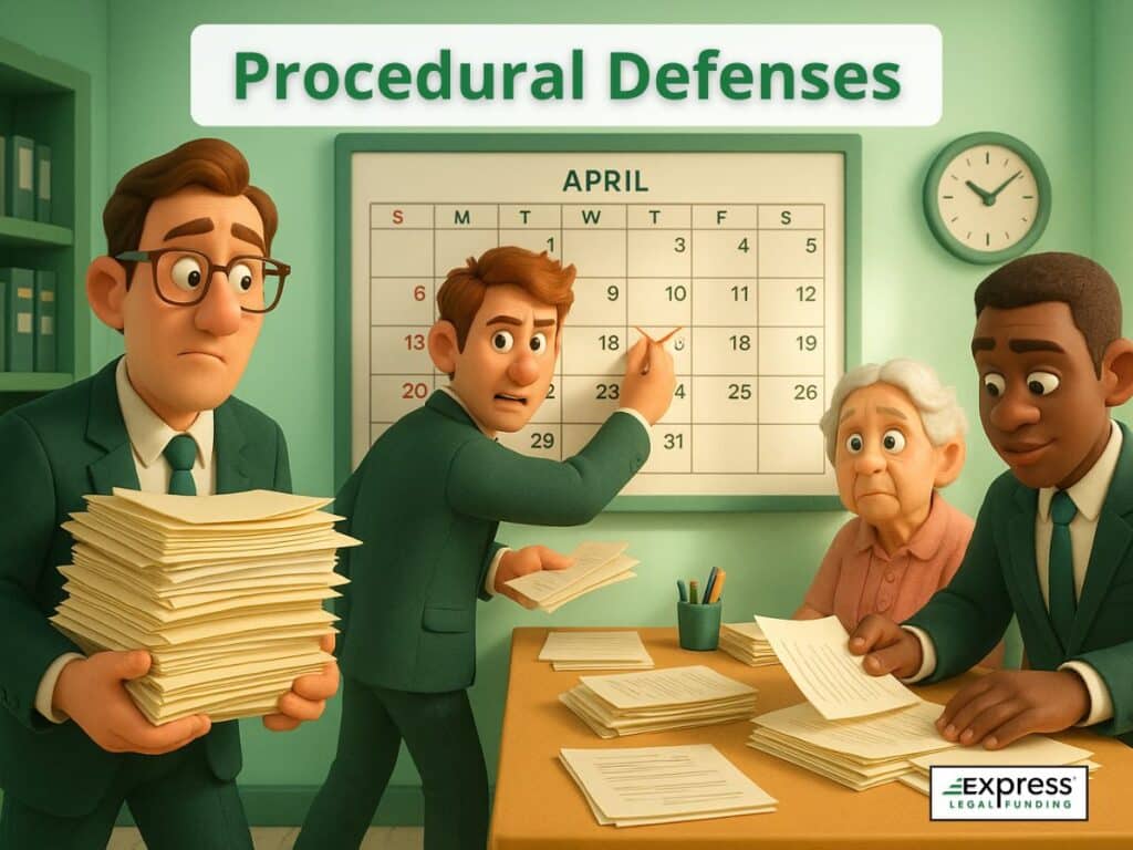 Legal team reviewing paperwork and deadlines under title “Procedural Defenses,” depicting nursing home attorneys using timing and filing errors to dismiss cases.