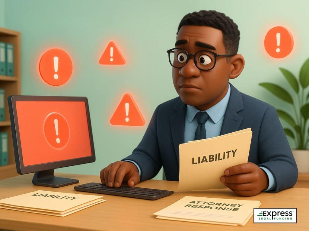 Suscriptor preocupado revisando documentos de responsabilidad civil en un escritorio con iconos de advertencia brillando en una pantalla de ordenador, que simbolizan señales de alarma en las evaluaciones de financiación previas a la liquidación.