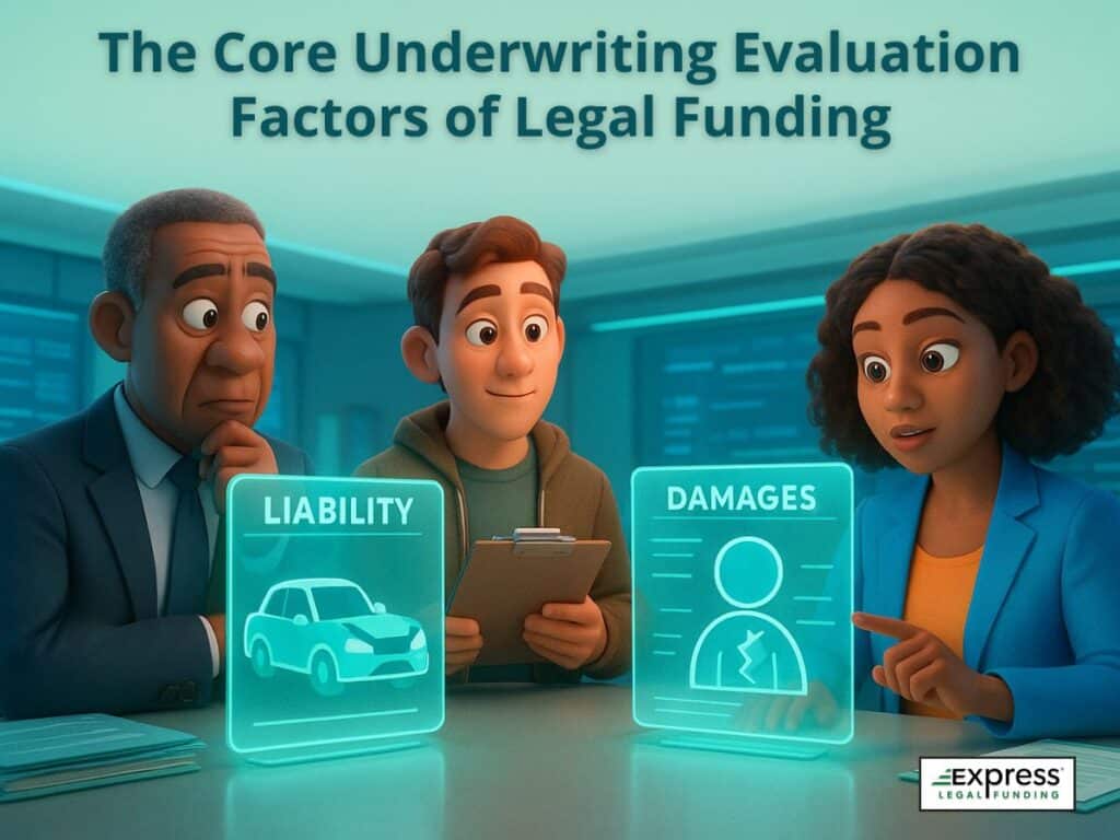 Un suscriptor explica los factores clave de la evaluación, como la responsabilidad y los daños, mediante paneles visuales brillantes mientras discute un caso con sus colegas.
