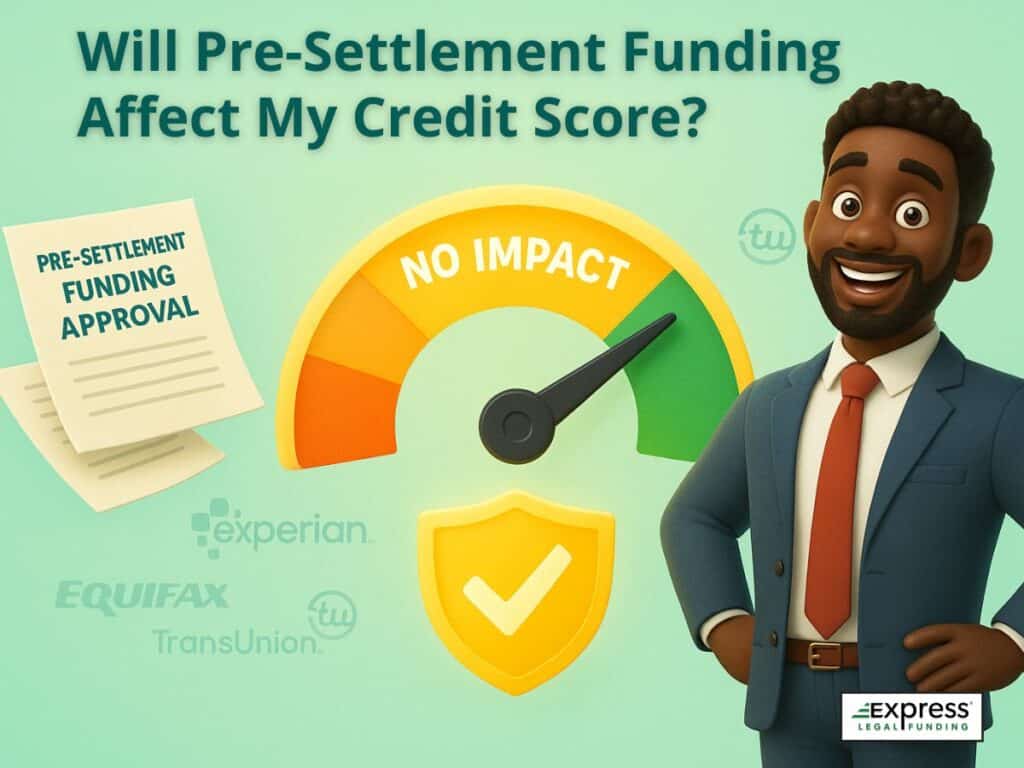 A man in a suit stands next to a credit score gauge labeled “No Impact,” with icons of Experian, Equifax, and TransUnion in the background. Visual metaphor for pre-settlement funding having no effect on credit scores.
