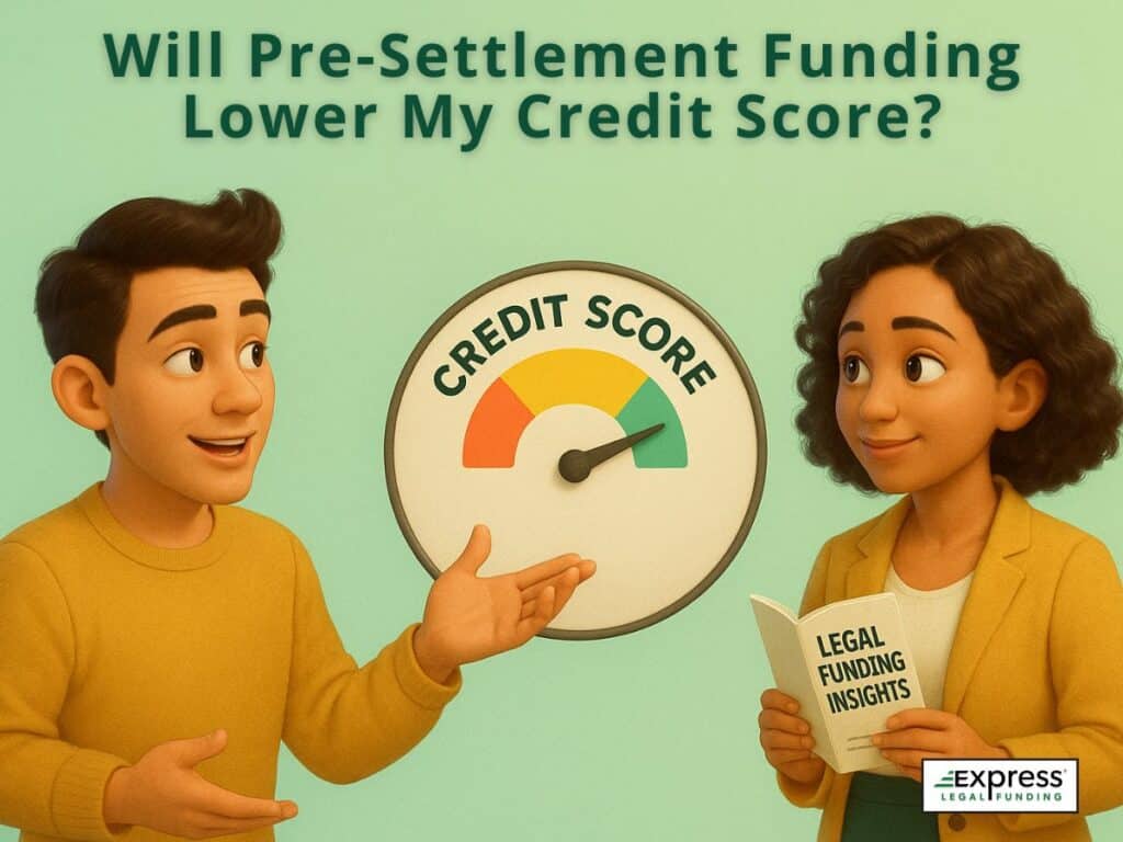 A man and woman discuss a credit score dial while reviewing a “Legal Funding Insights” booklet. Represents that pre-settlement funding does not lower credit scores or appear on credit reports.