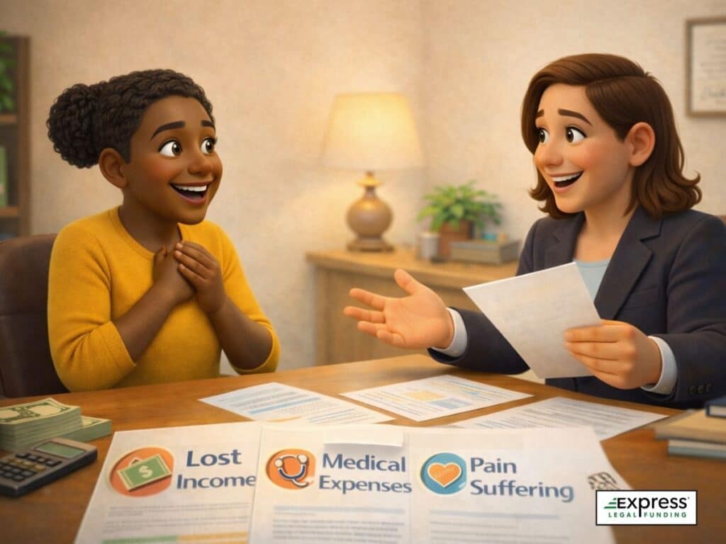 A legal consultation where an attorney explains compensation options such as lost income, medical expenses, and pain and suffering to a relieved injury claimant at a desk.