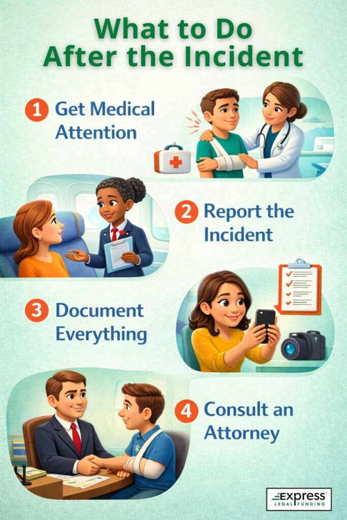 A guide showing steps to take after an injury incident: getting medical attention, reporting the incident, documenting evidence, and consulting an attorney.