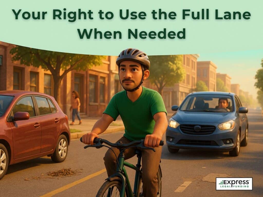 Cyclist confidently taking the full lane on a busy road with cars approaching, showing when bike riders can legally use the full lane for safety.