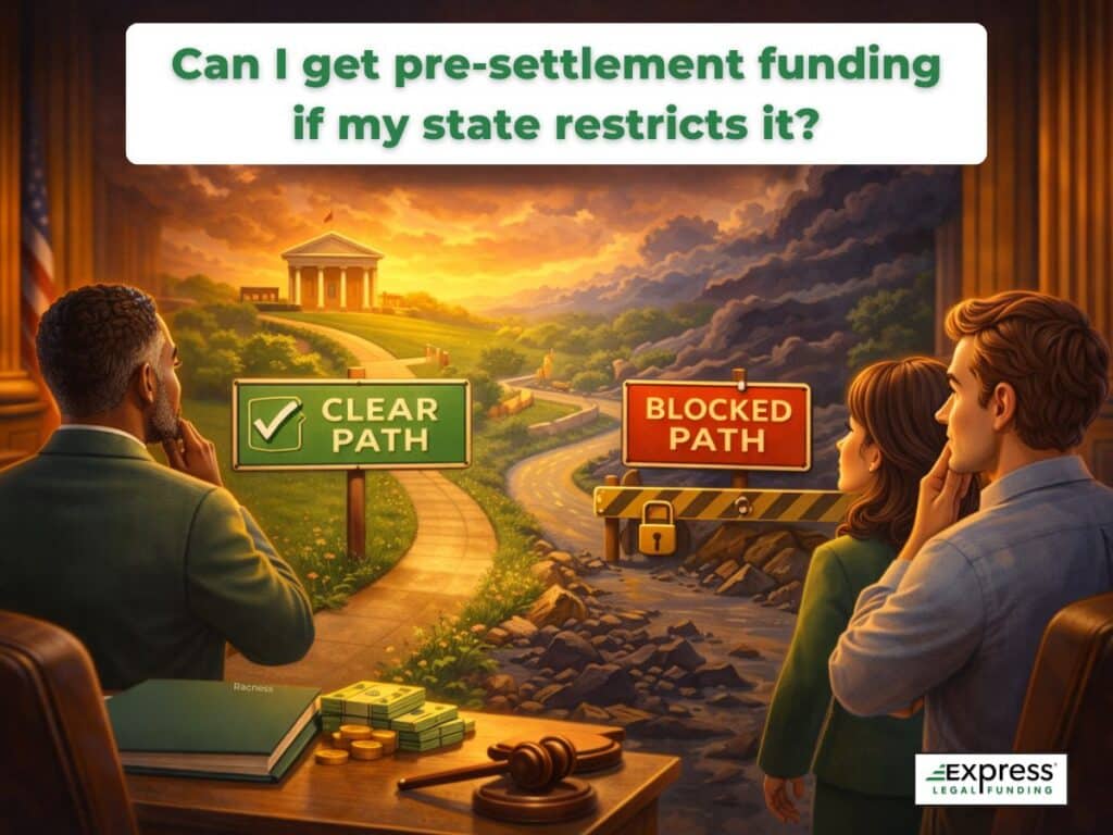 Plaintiffs weighing clear and blocked legal paths, representing whether pre-settlement funding is available in states with restrictions.