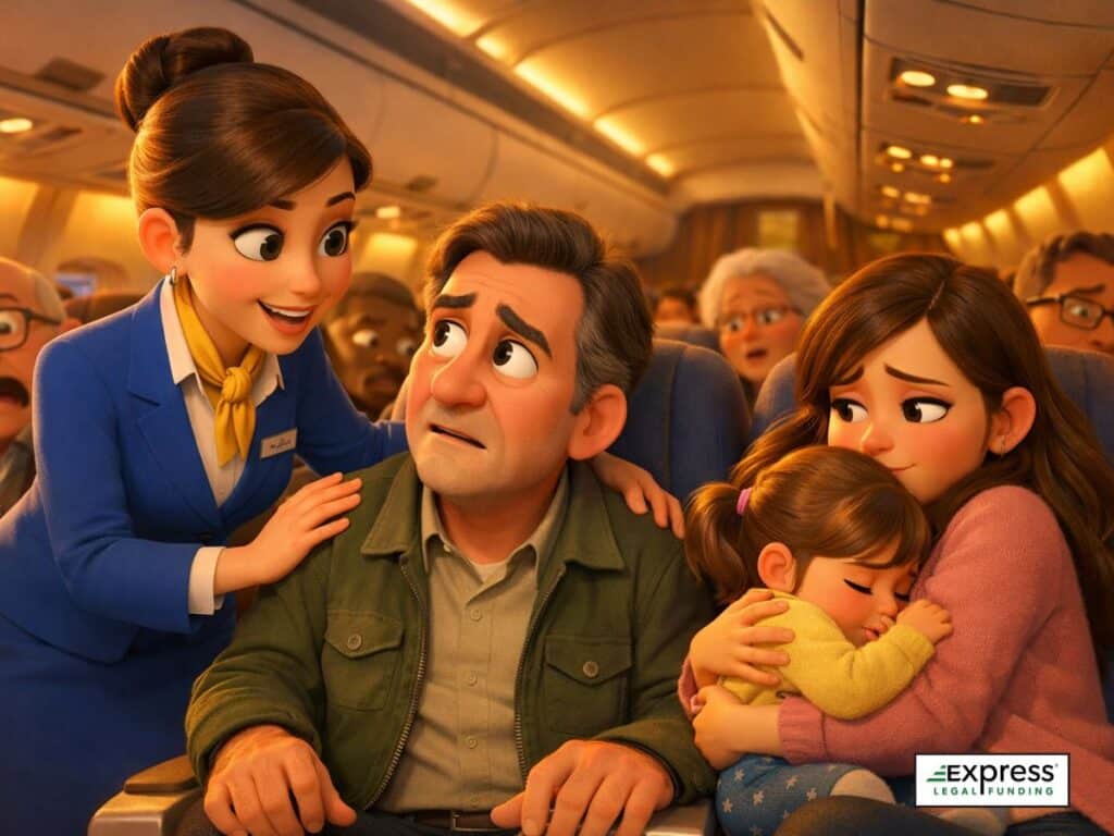 A worried airline passenger seated on a plane during turbulence while a flight attendant reassures him, as a mother holds her child nearby, representing airline turbulence injuries and passenger rights.